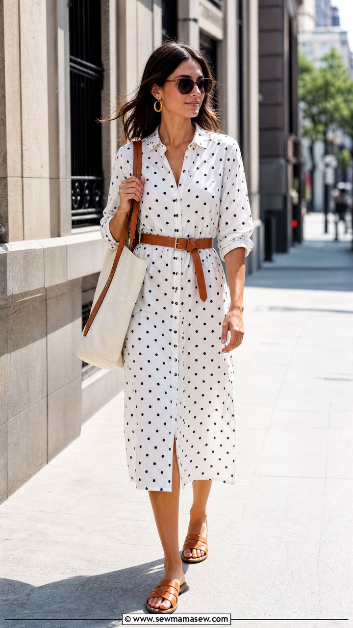 Polka Dot Shirt Dress with a Waist Belt and Sandals - 30 summer polka dot outfit ideas