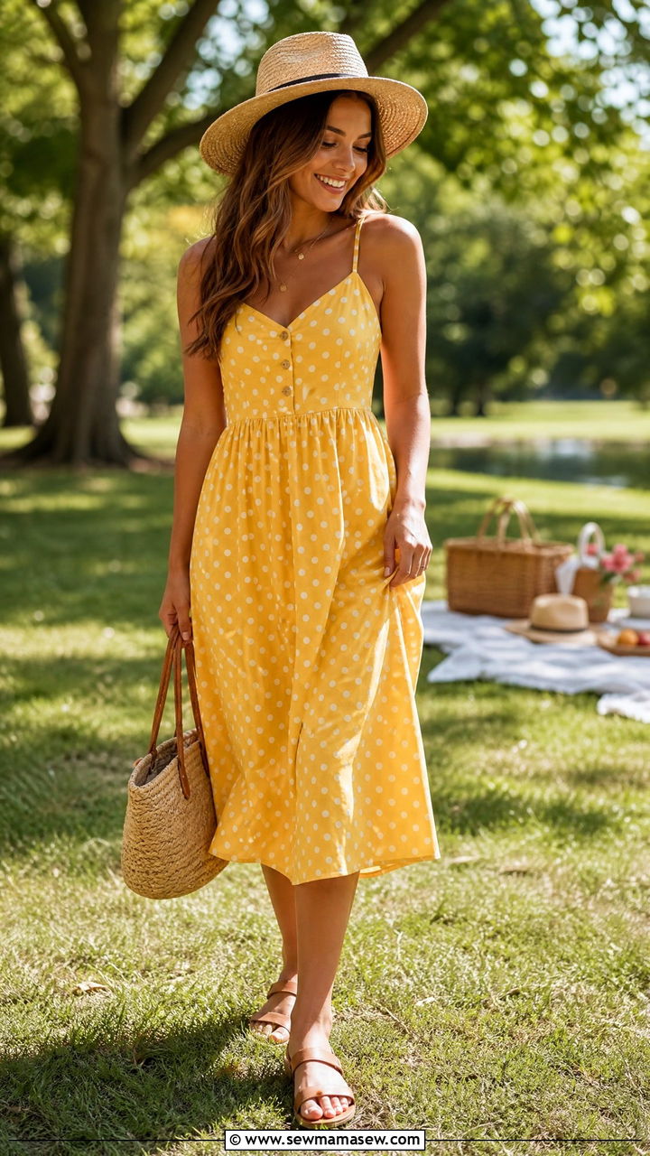 Polka Dot Sundress with Straw Accessories - 30 summer polka dot outfit ideas