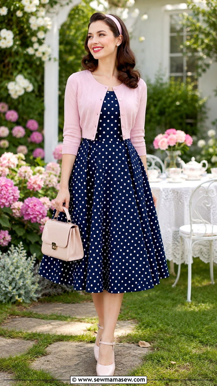 Polka Dot Swing Dress With Cardigan And Mary Janes - 30 spring vintage outfit ideas