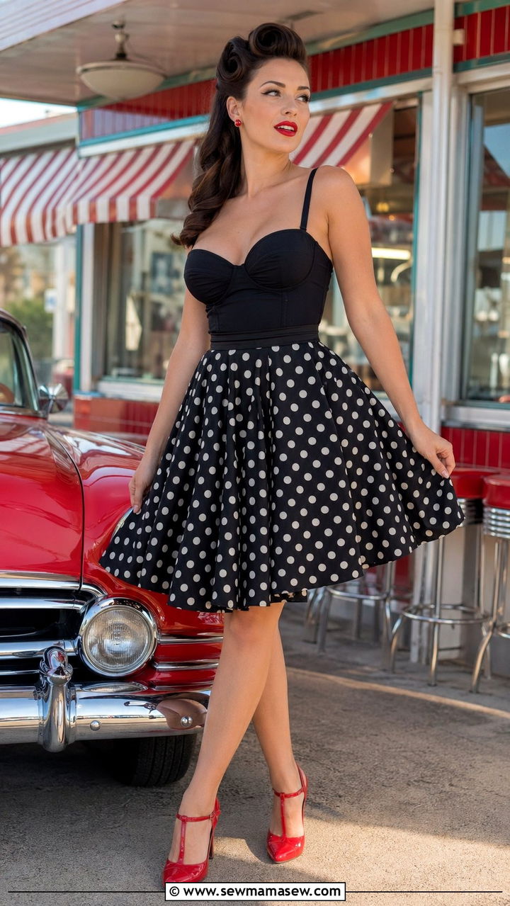 Polka Dot Swing Skirt With Fitted Bustier And T Strap Heels - 35 aesthetic outfits for women