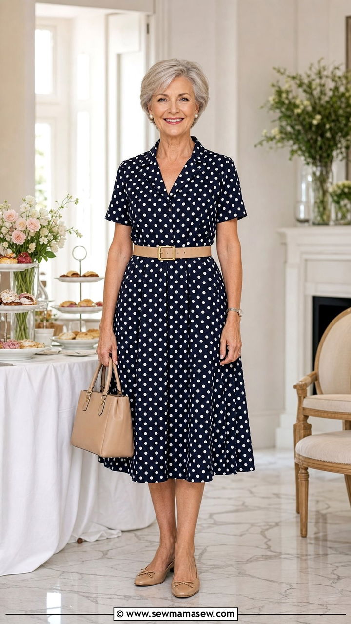 Polka Dot Tea Dress With Neutral Accessories - 35 Brunch outfits for women over 60