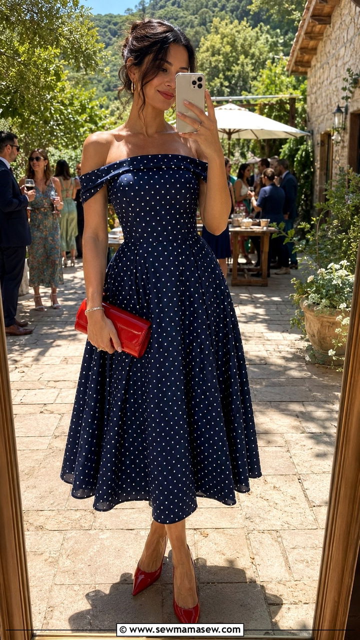 Polka Dot Tea Length Dress With Colorful Accessories - 20 Wedding guest outfit ideas tea length dress