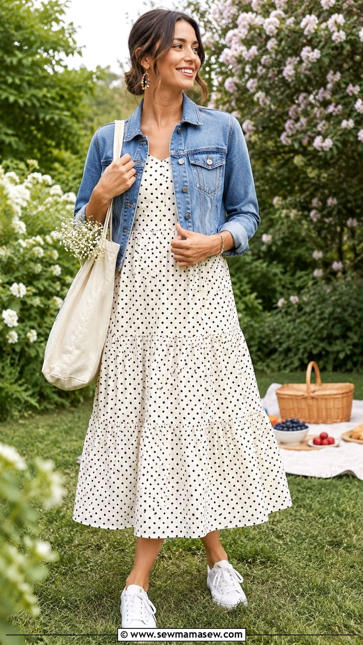 Polka Dot Tiered Midi Dress With Denim Jacket and Sneakers - 30 polka dot outfit ideas