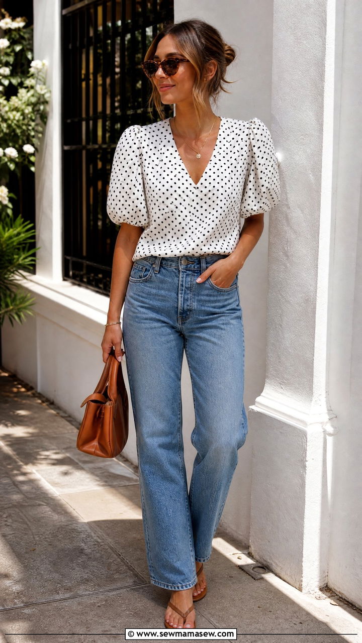 Polka Dot Top and Jeans With Flip Flops - 30 summer outfits with flip flops