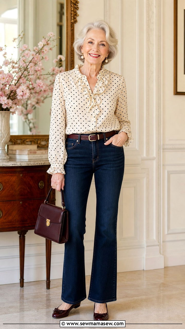 Polka Dot Top with Dark Jeans Outfit - 25 Cute outfits for women over 70