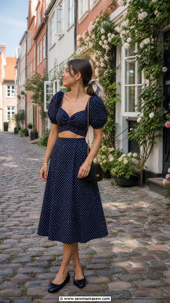 Polka Dot Two Piece Set With Ballet Flats Outfit - 25 classy Copenhagen outfits