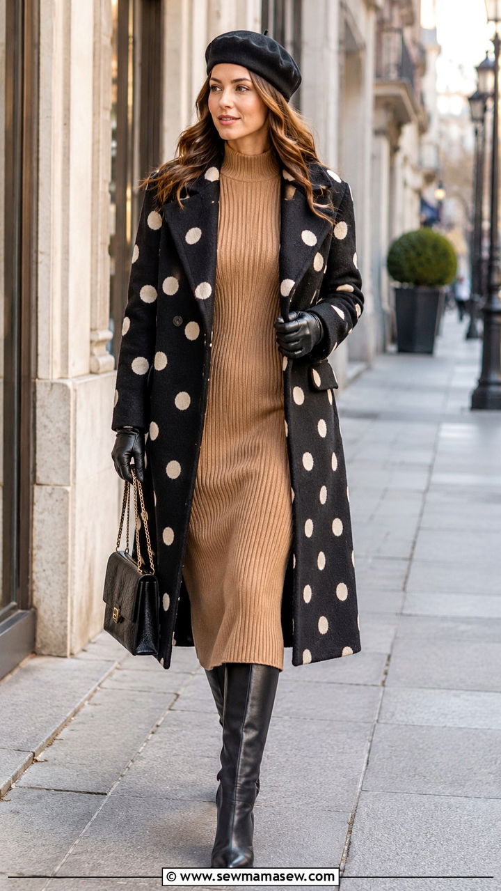 Polka Dot Wool Coat With Ribbed Knit Dress and Tall Boots - 30 polka dot outfit ideas