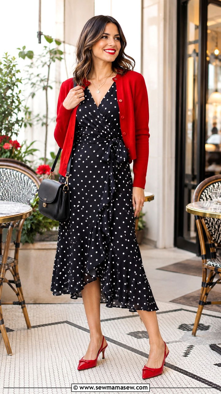 Polka Dot Wrap Dress With Red Cardigan - 25 Wrap dress outfit ideas with a cardigan