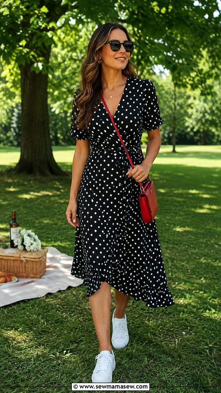 Polka Dot Wrap Dress With Sneakers - 25 Wrap dress outfit ideas with sneakers