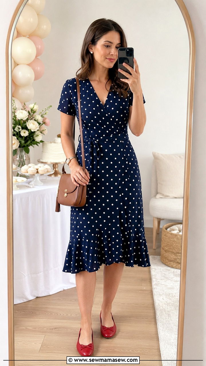 Polka Dot Wrap Midi Dress Spring Baby Shower Outfit - 25 Baby shower outfit ideas spring