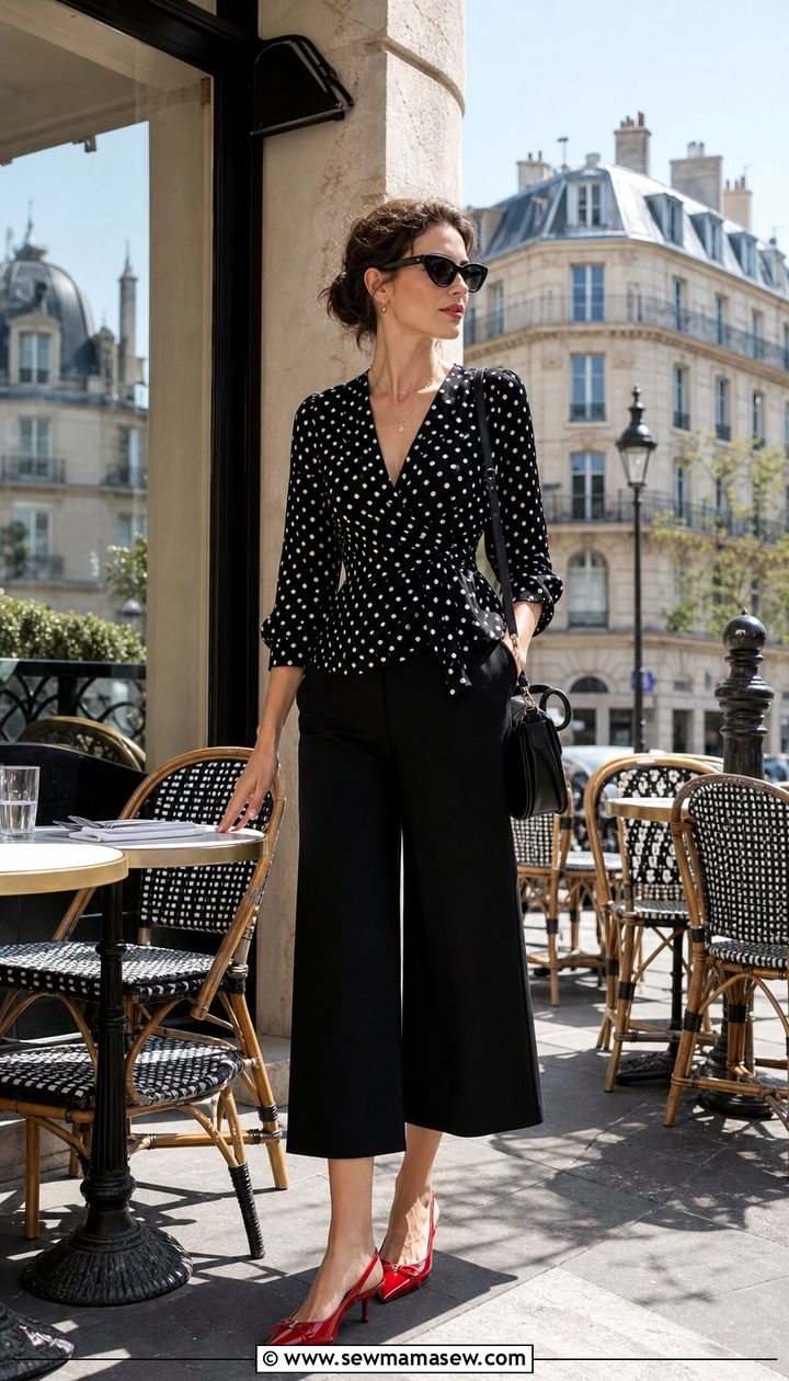 Polka Dot Wrap Top With Black Culottes And Red Slingbacks - 25 Spring outfits for women in their 30s