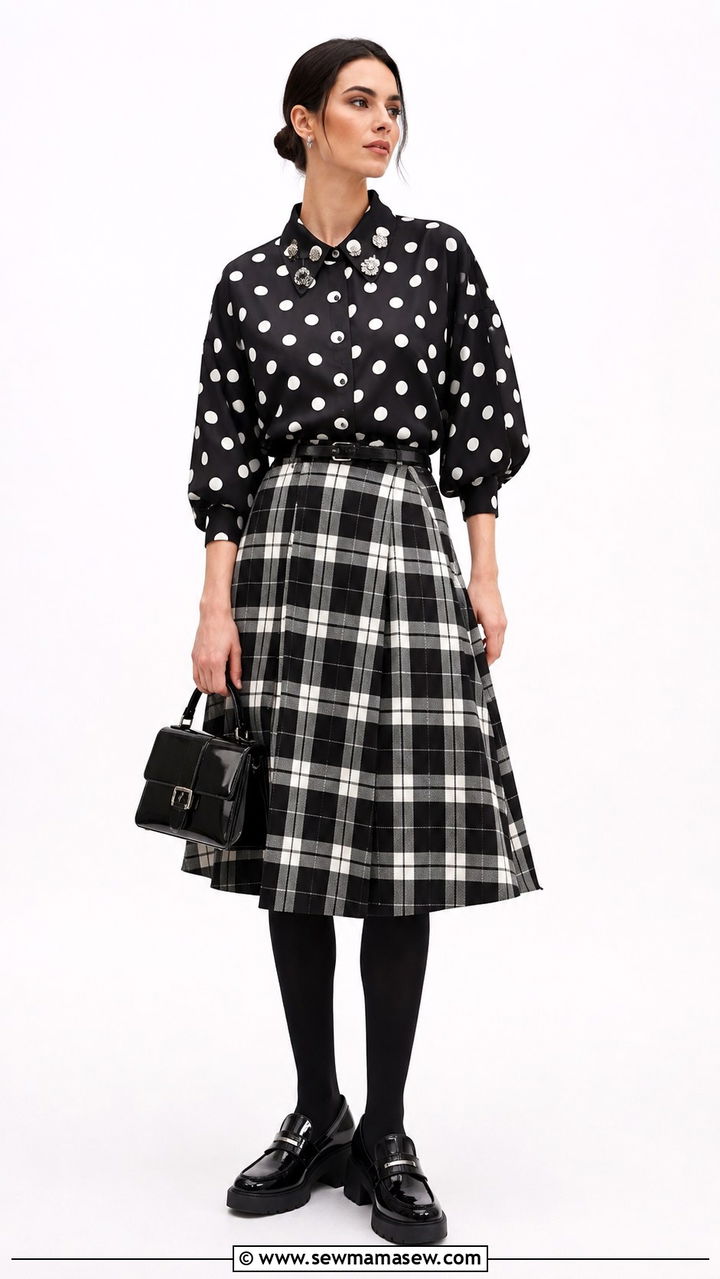 Polka Dot and Plaid Pattern Stacked Outfit - 30 maximalist outfits 2026