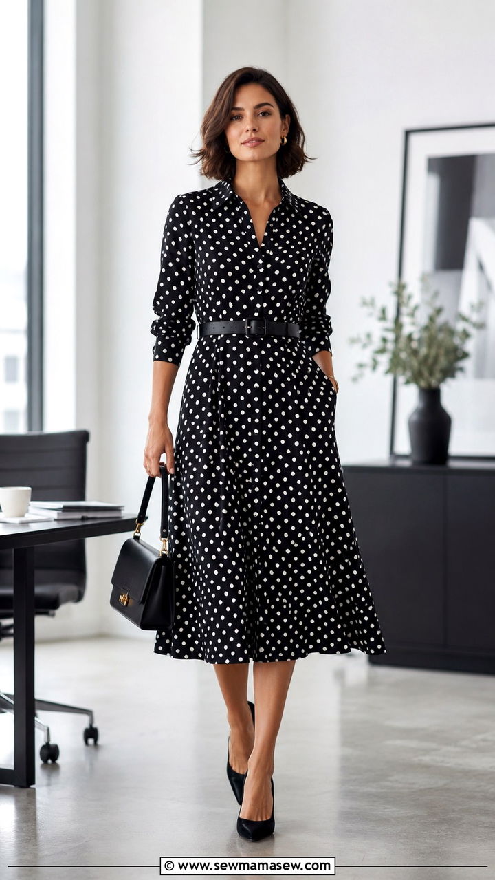 Polka dot belted dress with pointed toe heels and a top handle bag - 30 Polka dot dress outfit ideas