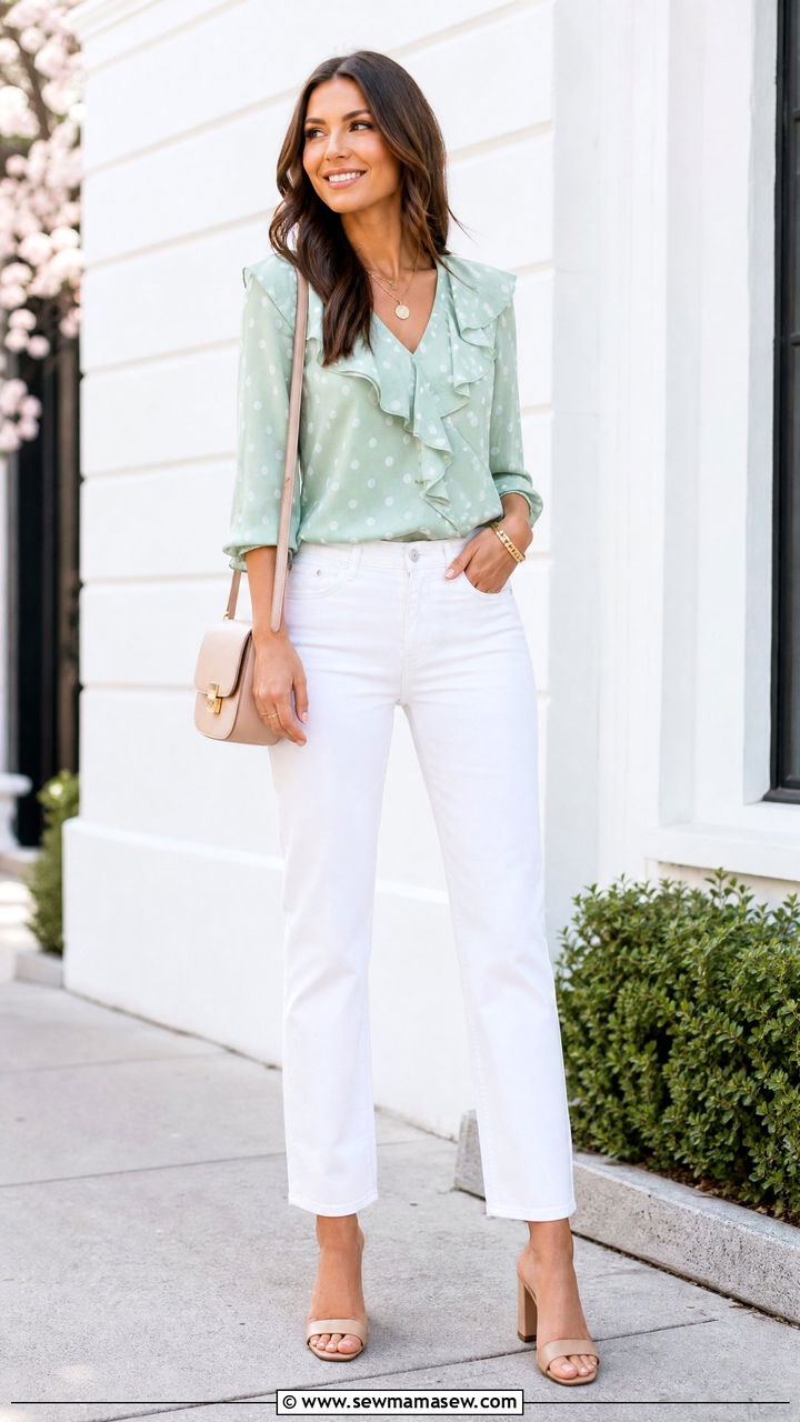 Polka dot blouse with white jeans - 25 spring polka dot outfit ideas