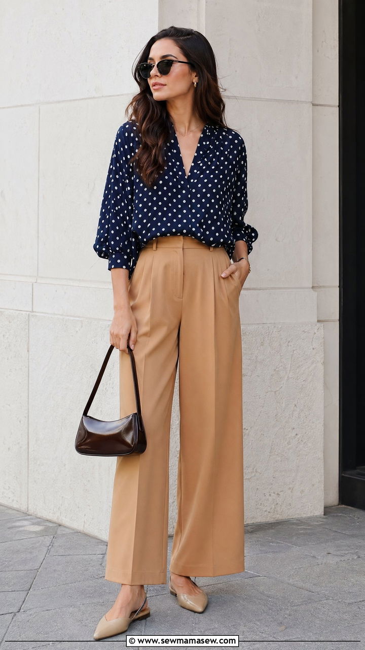 Polka dot blouse with wide leg pants outfit - 35 Copenhagen outfits