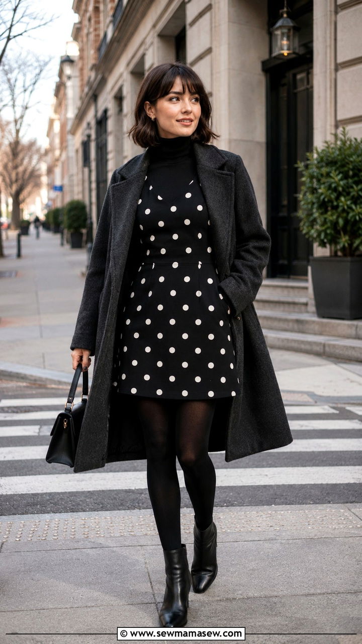 Polka dot dress layered over a fitted turtleneck - 30 Polka dot dress outfit ideas