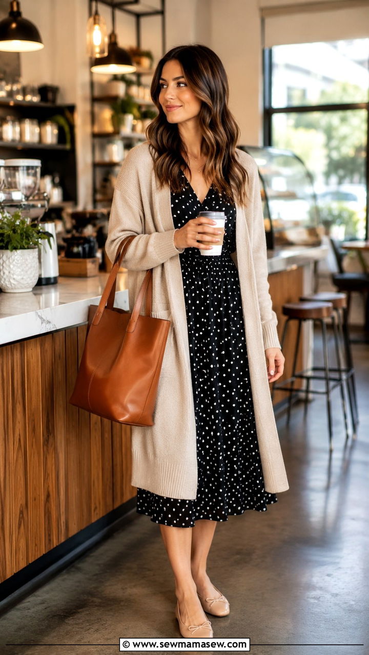 Polka dot dress with a cozy cardigan and ballet flats - 30 Polka dot dress outfit ideas