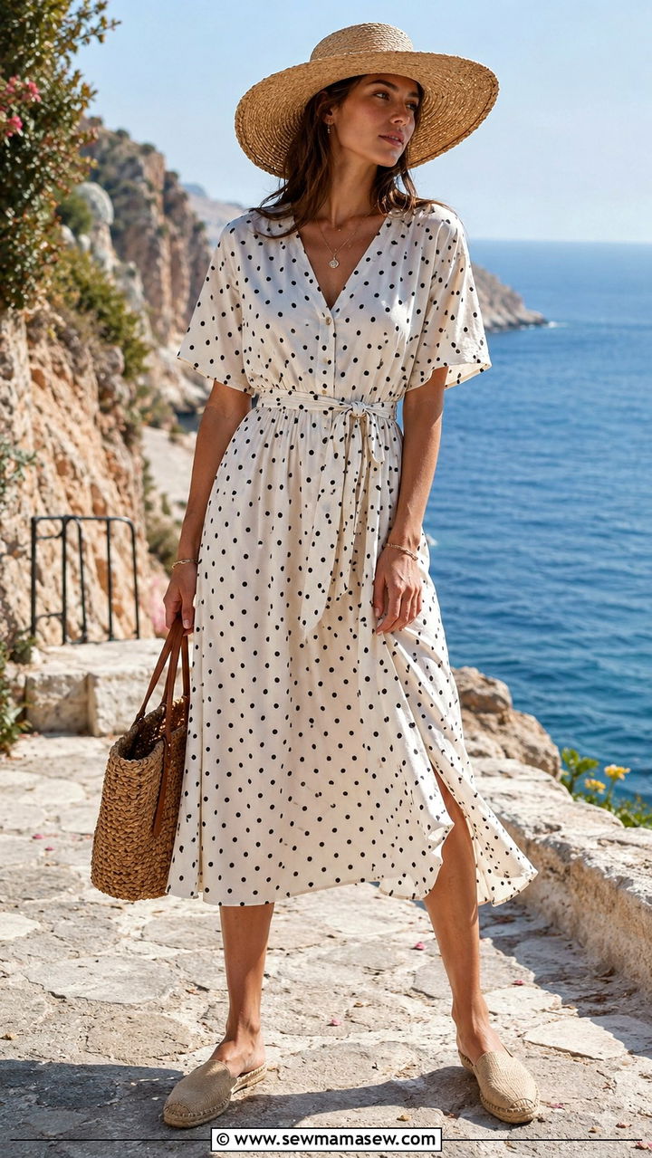 Polka dot dress with a straw hat and woven tote bag - 30 Polka dot dress outfit ideas