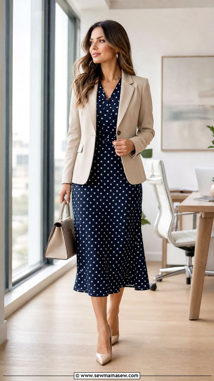 Polka dot dress with a tailored blazer and pointed toe heels - 30 Polka dot dress outfit ideas