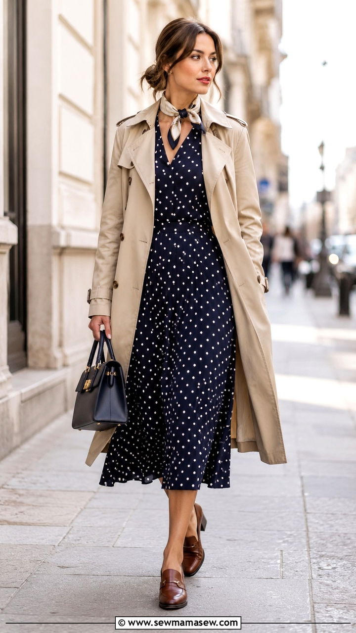 Polka dot dress with a trench coat and heeled loafers - 30 Polka dot dress outfit ideas