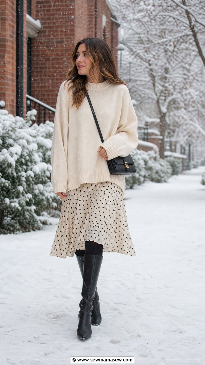 Polka dot dress with an oversized sweater and knee high boots - 30 Polka dot dress outfit ideas