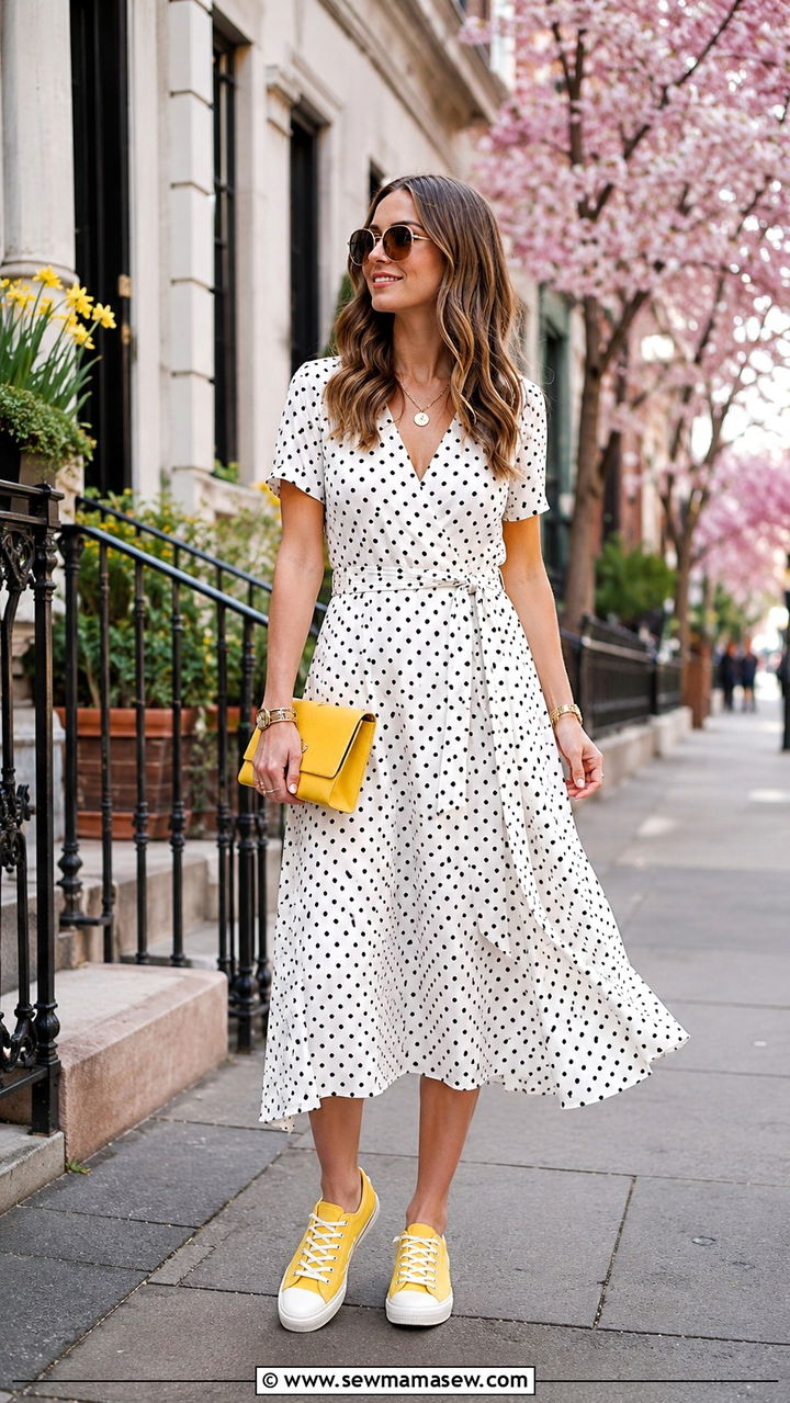 Polka dot dress with colorful accessories and white sneakers - 30 Polka dot dress outfit ideas