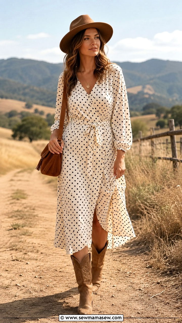 Polka dot dress with cowboy boots and a suede bag - 30 Polka dot dress outfit ideas