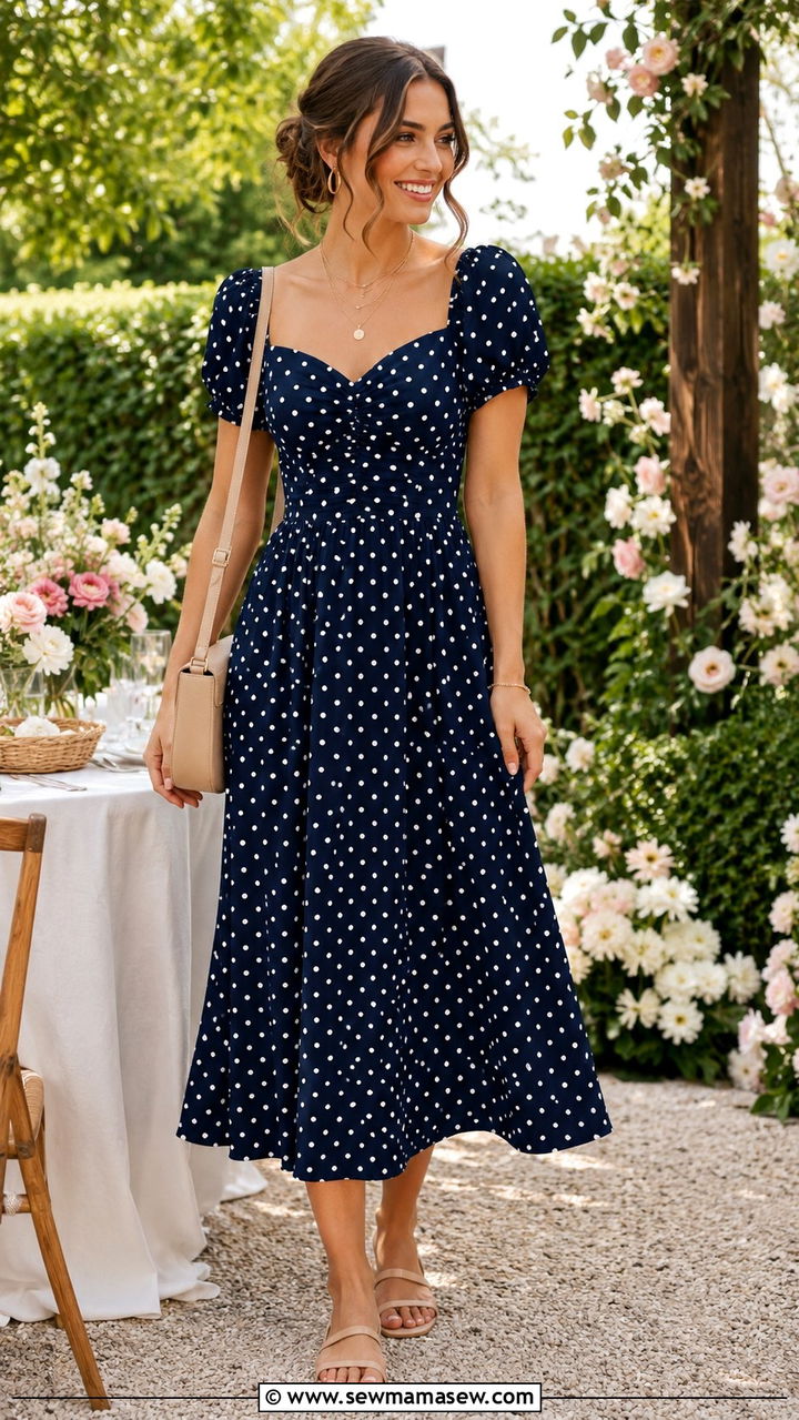 Polka dot dress with gold jewelry and nude sandals - 30 Polka dot dress outfit ideas