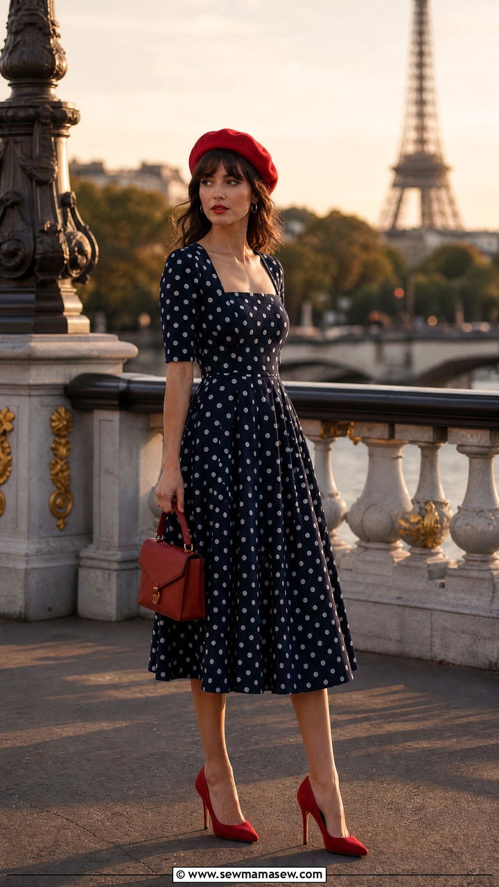 Polka dot dress with red heels and beret - 25 French girl outfit ideas Emily in Paris style