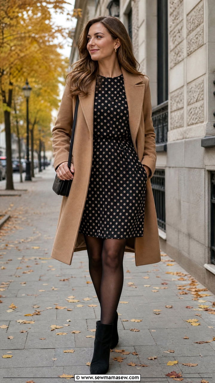 Polka dot dress with sheer tights and heeled ankle boots - 30 Polka dot dress outfit ideas