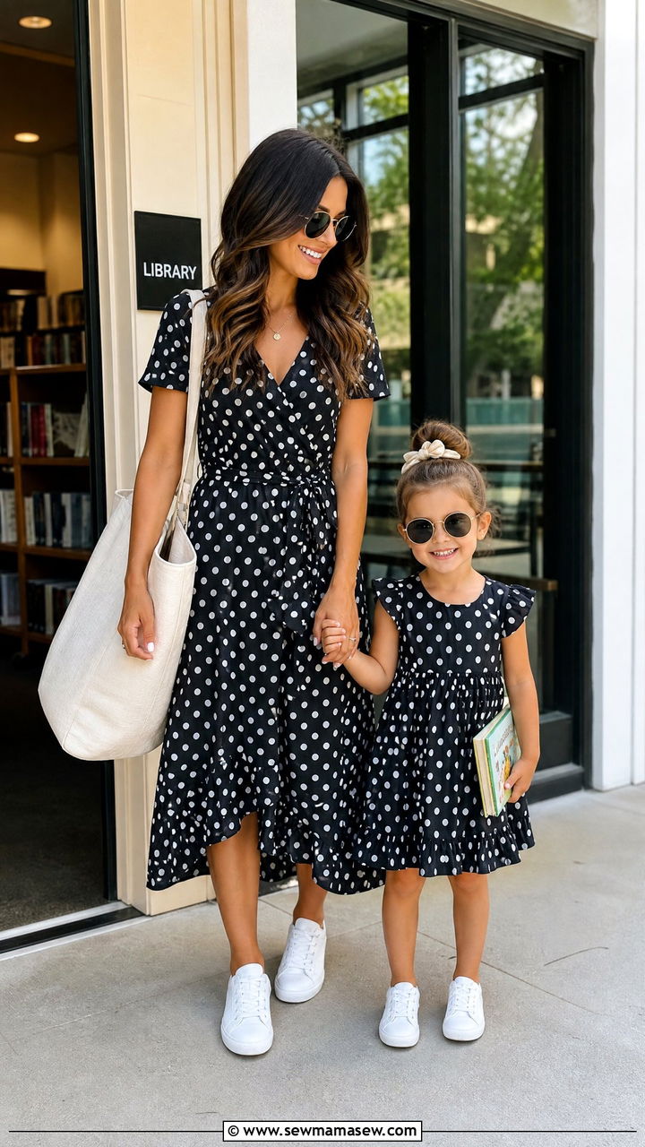 Polka dot dress with white sneakers outfit - 30 Summer mommy and me outfits