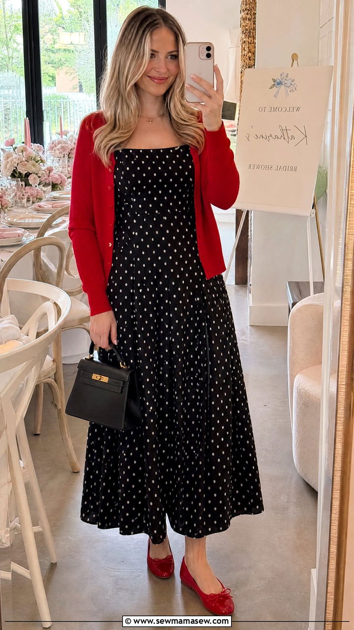 Polka dot maxi dress and solid cardigan - 30 Maxi dress outfit ideas with a cardigan