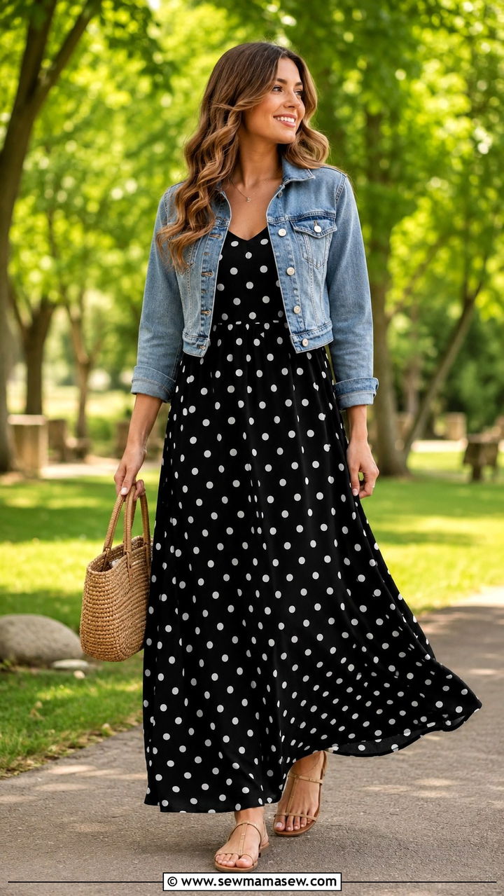 Polka dot maxi dress with a denim jacket and flat sandals - 30 Graduation outfit ideas for guests 2026