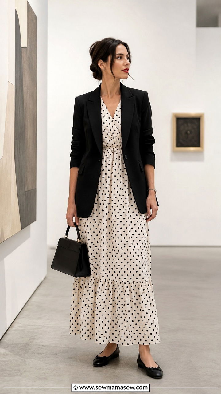 Polka dot maxi dress with black blazer outfit - 30 Maxi dress with a blazer outfit ideas