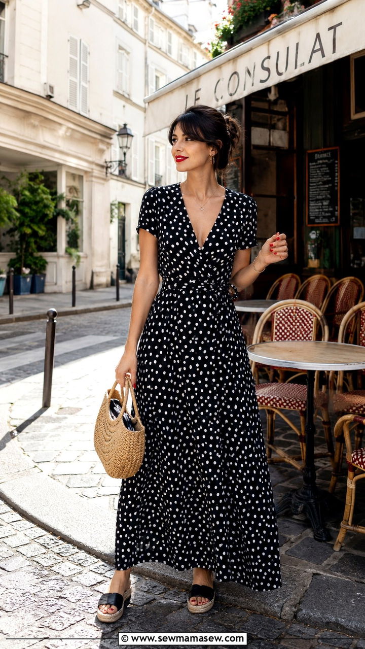 Polka dot maxi dress with espadrille sandals outfit - 30 Maxi dress with sandals outfit ideas