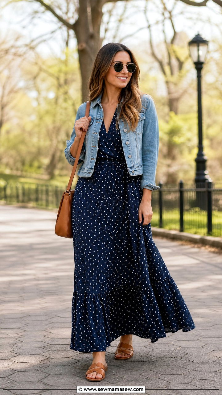 Polka dot maxi dress with flat sandals and a denim jacket - 30 Polka dot dress outfit ideas