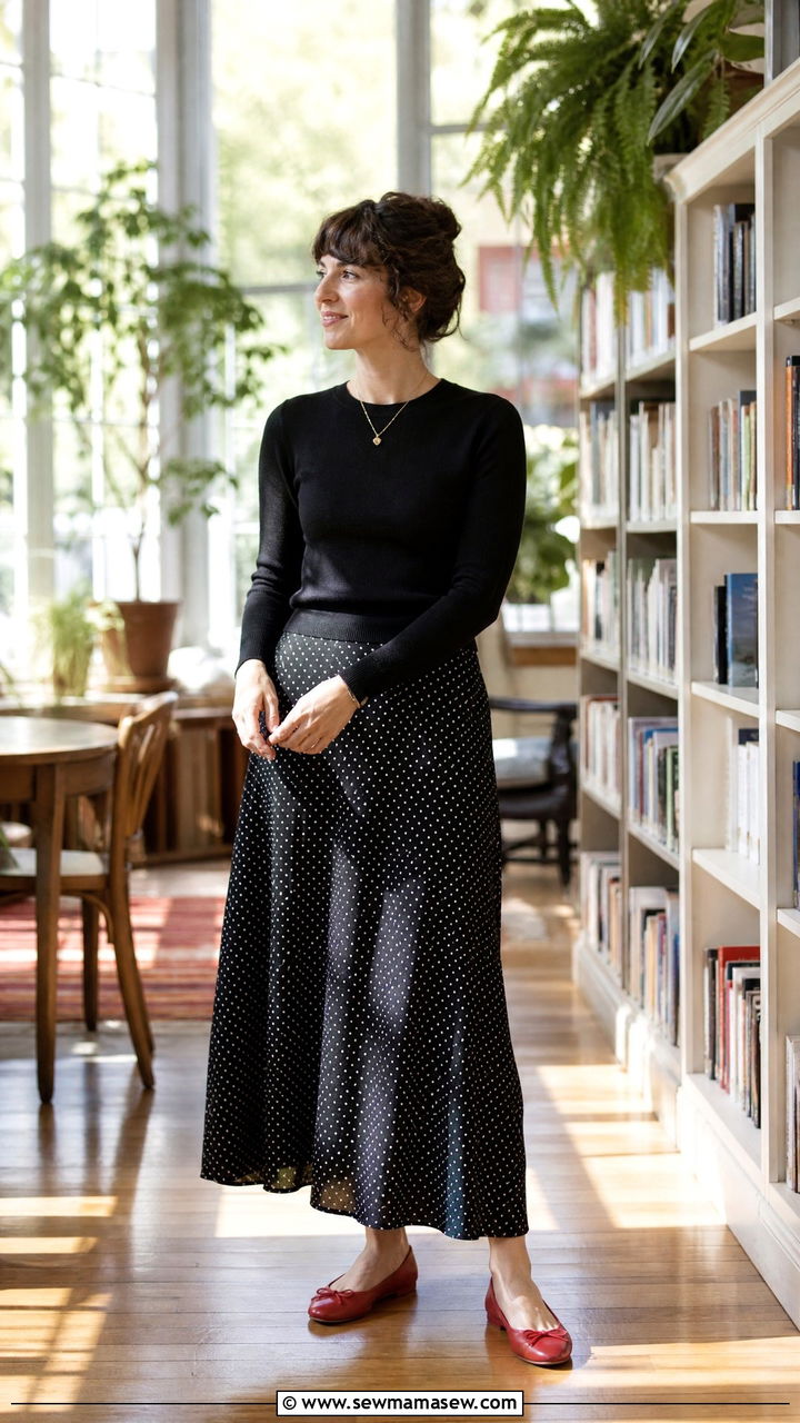 Polka dot maxi skirt and ballet flats librarian outfit - 25 librarian core outfits to copy