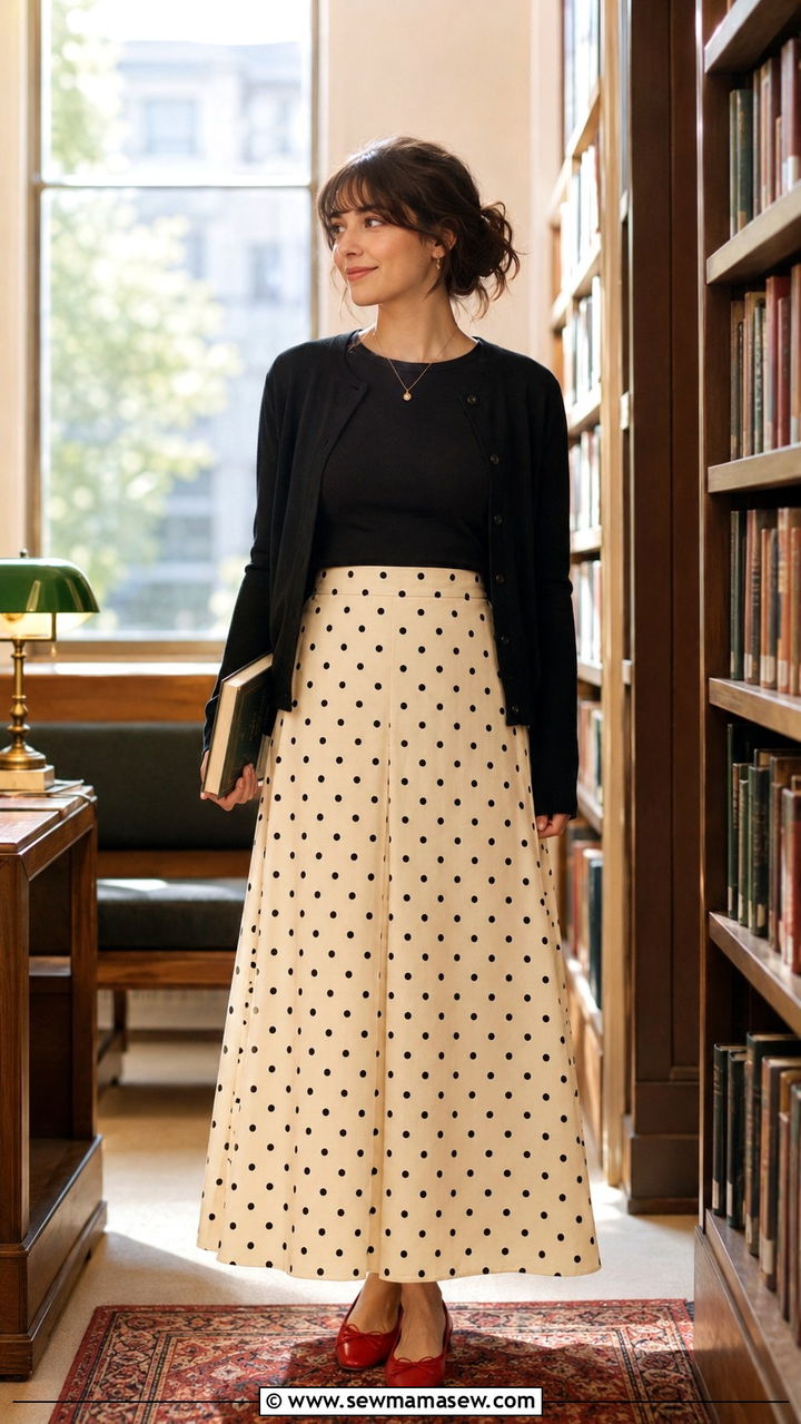 Polka dot maxi skirt and cardigan outfit - 30 librarian core outfits for women