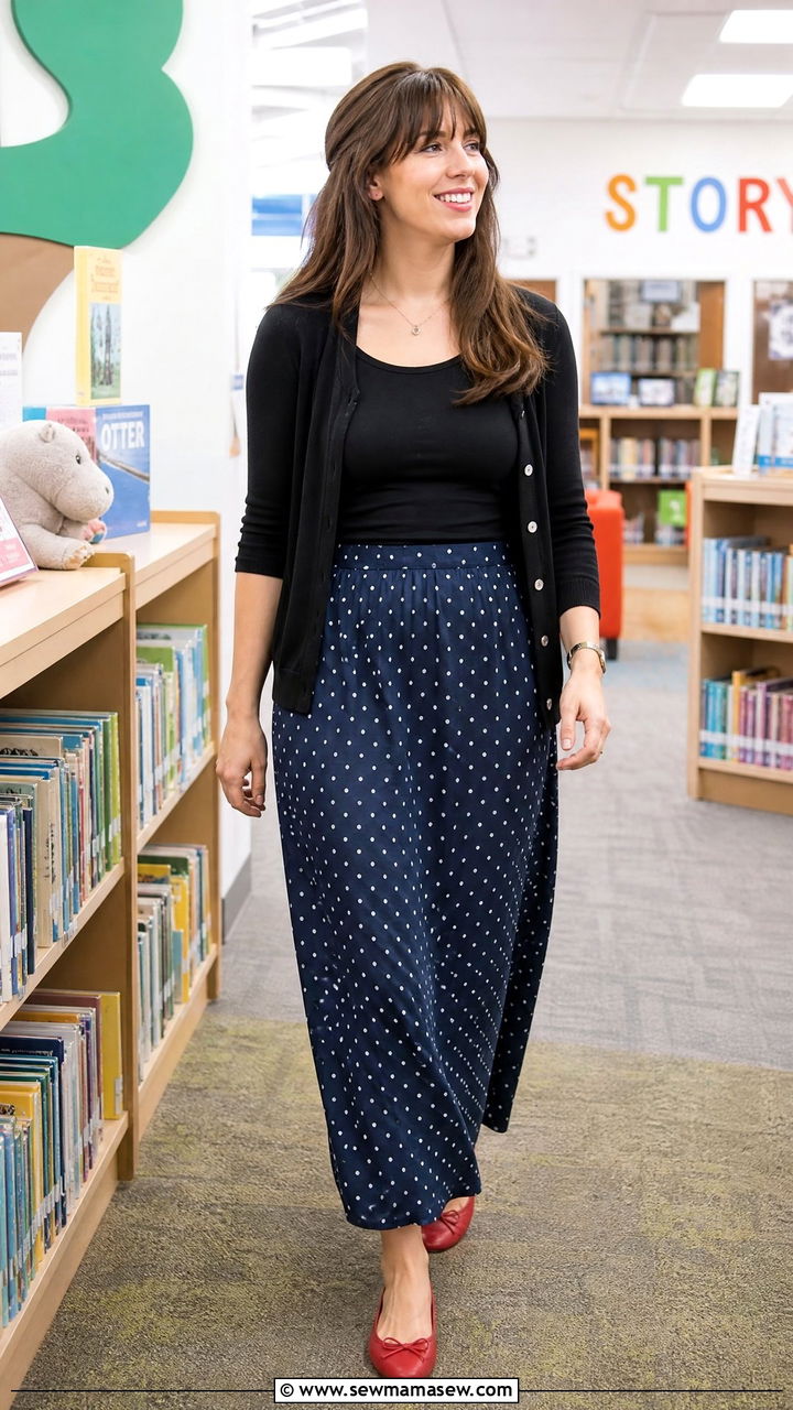 Polka dot maxi skirt with a black top and red ballet flats - 35 Librarian outfit ideas for work