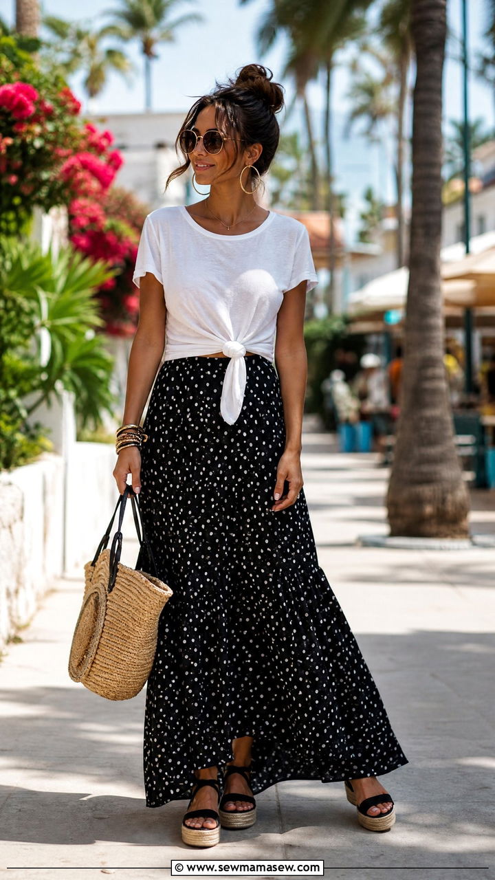 Polka dot maxi skirt with a knotted tee and platform sandals - 25 spring polka dot outfit ideas
