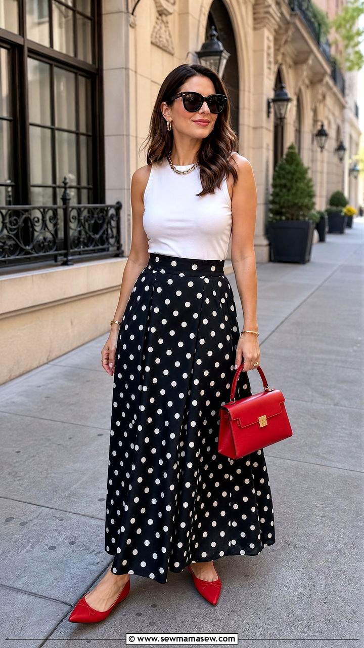Polka dot maxi skirt with red accents - 30 Summer outfits with maxi skirts