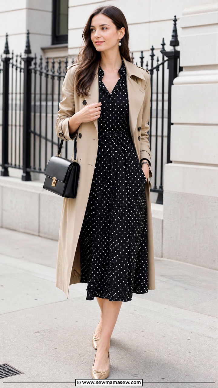 Polka dot midi dress with a trench coat - 25 spring polka dot outfit ideas