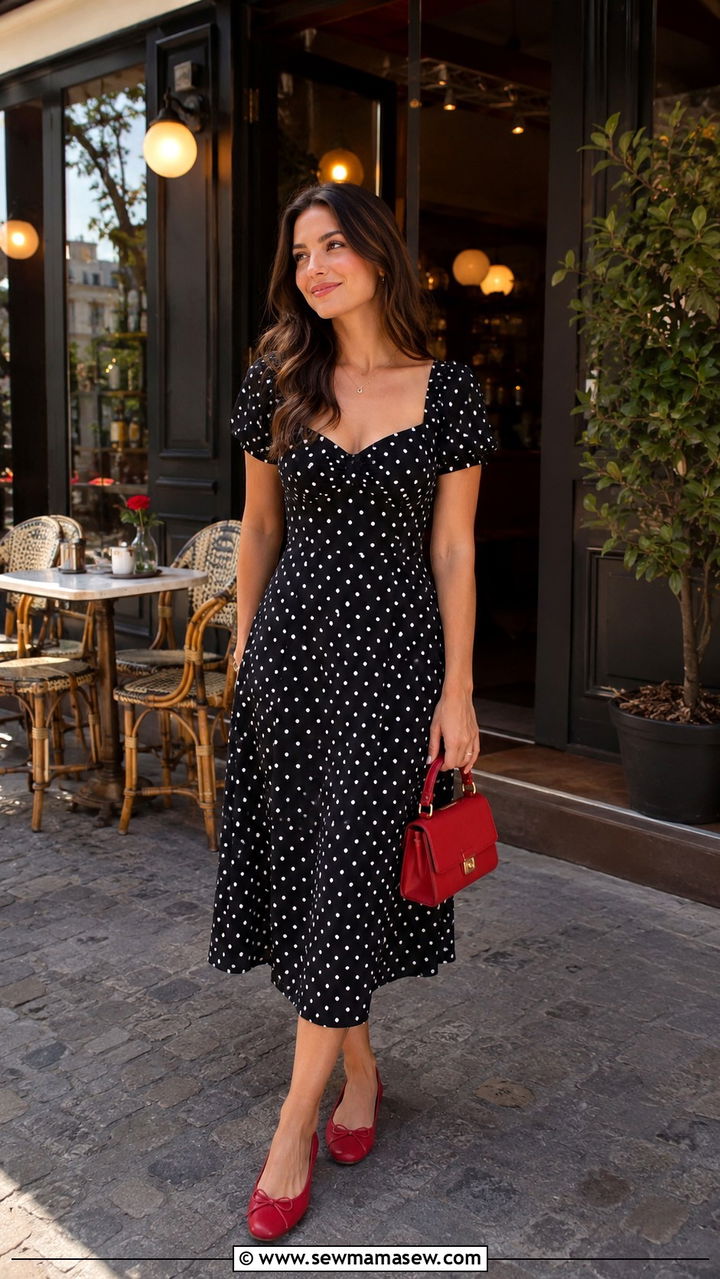 Polka dot midi dress with ballet flats - 25 Midi dress with ballet flats outfit ideas