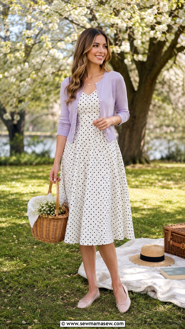 Polka dot midi dress with cardigan and ballet flats - 30 Spring outfits with midi dresses