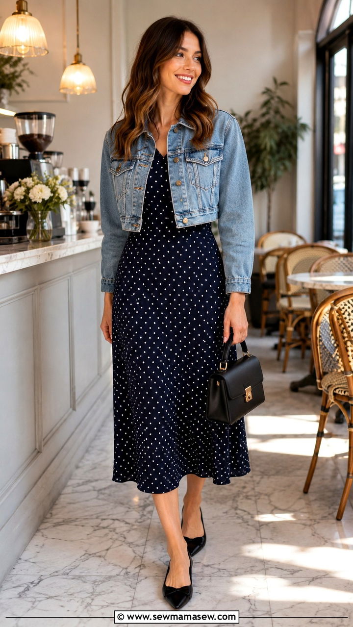 Polka dot midi dress with denim jacket and pointed toe flats - 30 Midi dress with denim jacket outfit ideas
