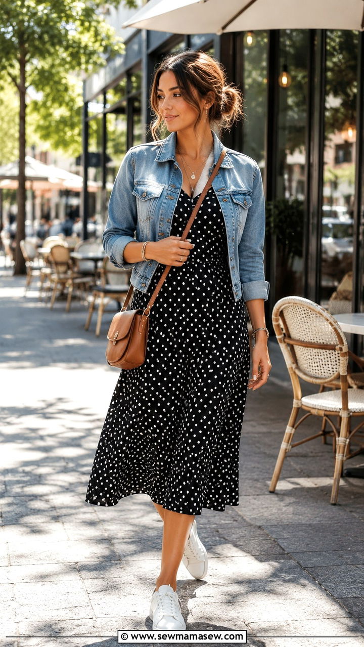 Polka dot midi dress with denim jacket - 20 Summer wardrobe essentials 2026