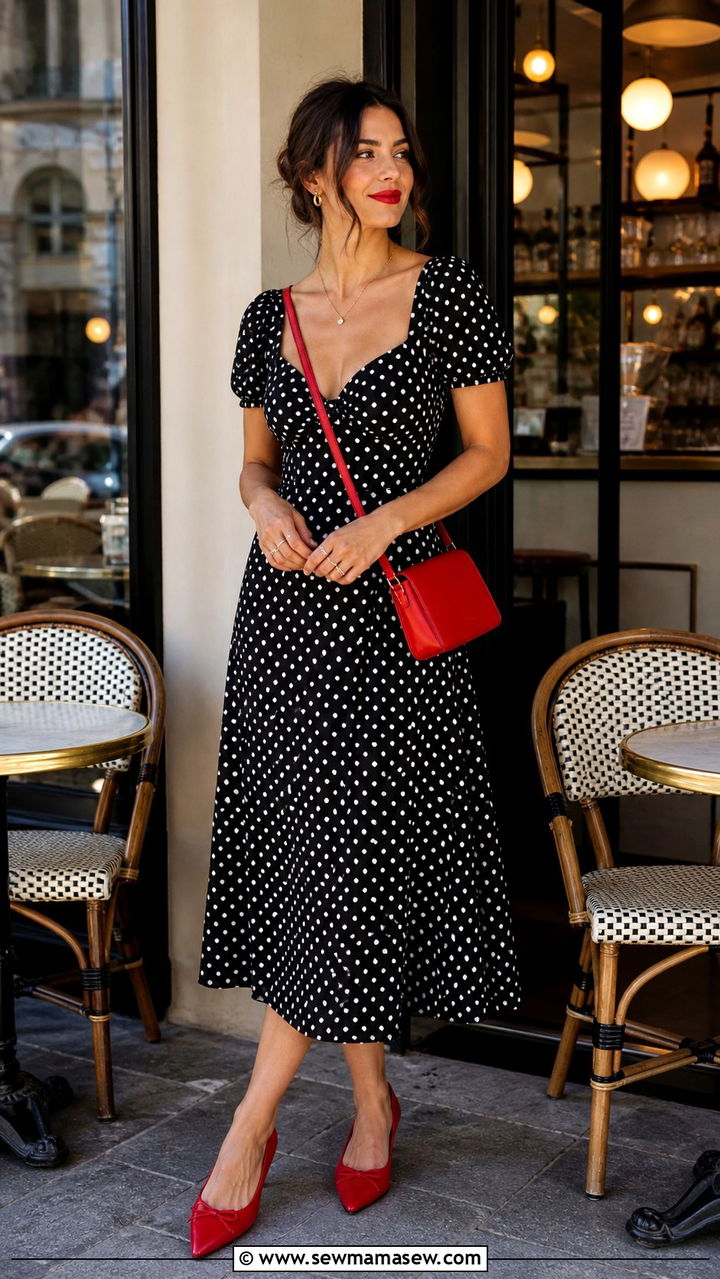 Polka dot midi dress with red accessories - 40 midi dress outfit ideas