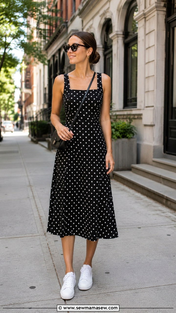 Polka dot midi dress with sneakers - 25 Trendy spring outfit ideas 2026