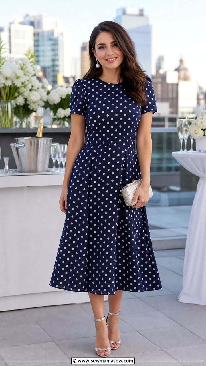 Polka dot midi dress with strappy heels - 30 summer office party outfit ideas