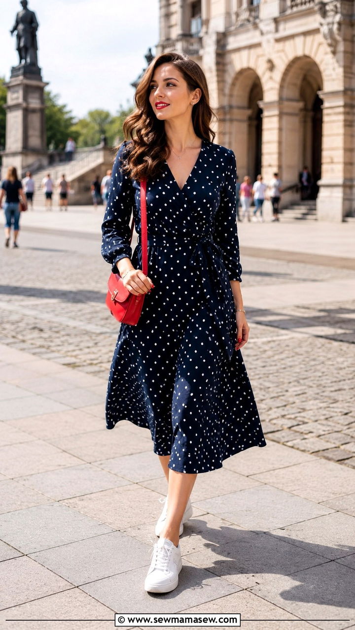 Polka dot midi dress with white sneakers - 30 Midi dress with white sneakers outfit ideas